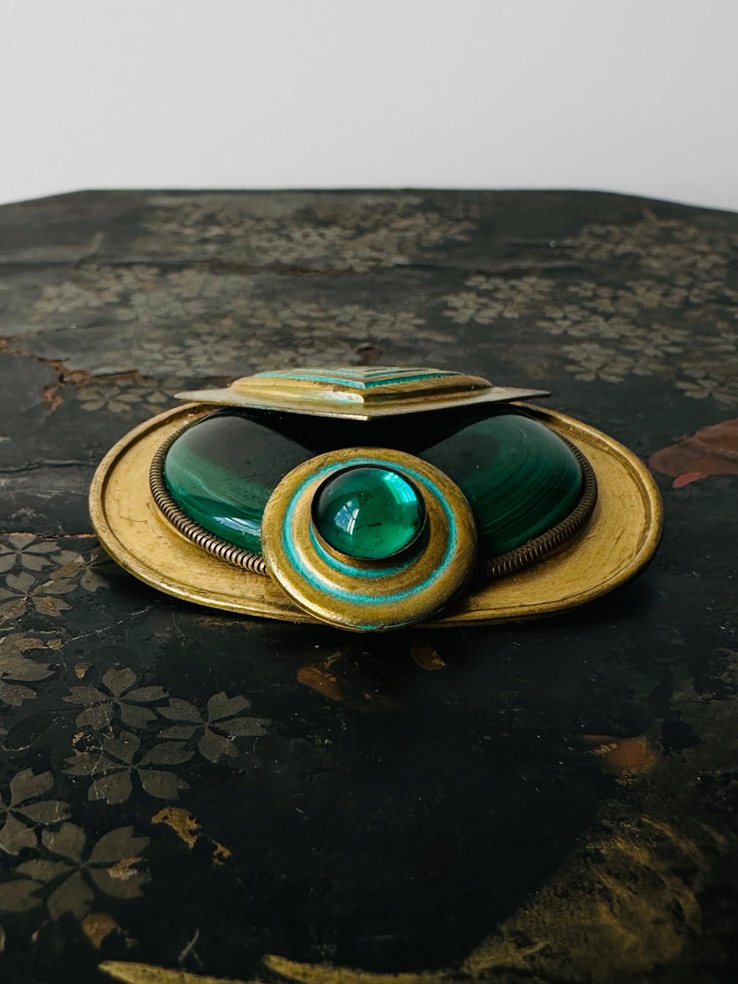 Antique Art Deco 1920s - 1930s Malachite Brooch with Geometric Design and Turquoise Enamel