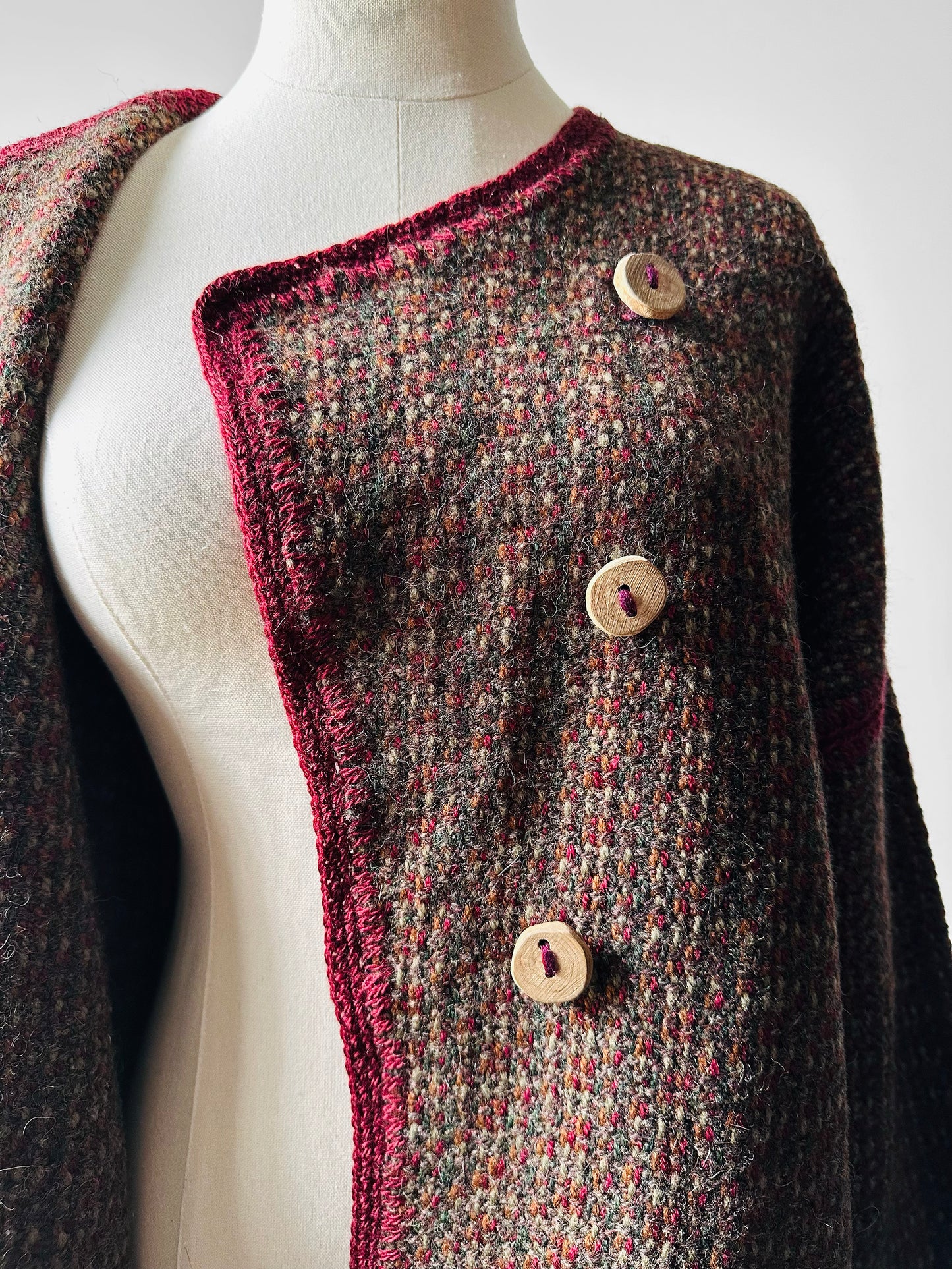 1970s - 1980s Hand-Knit Hand-Mended Wood Button Asymmetrical Cardigan with Maroon Trim - Sz. O/S
