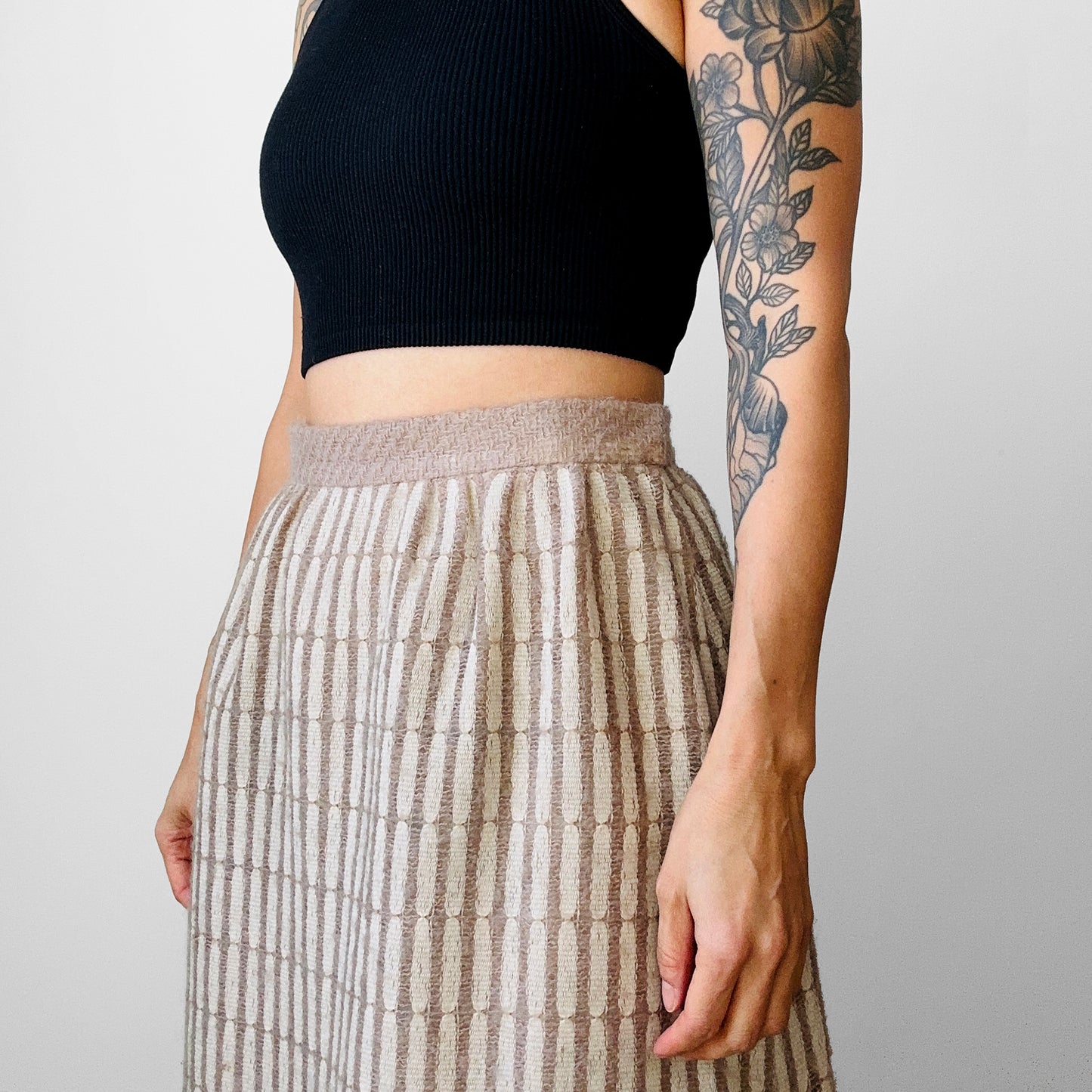 1960s Fringe Hem Off-White and Taupe Stripe Wool Blend Skirt - Sz. Sm