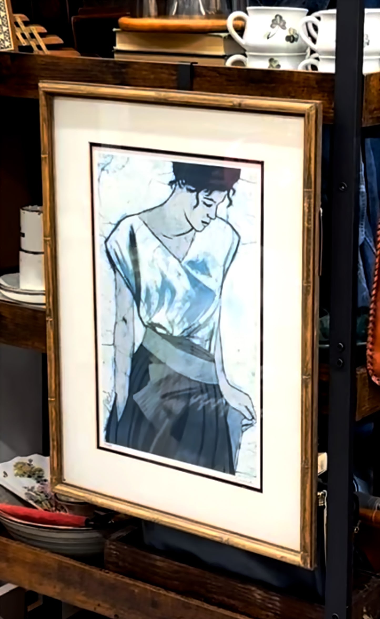 HOLD for SM - 80s Wood Framed Janice Cline 17 by 23 Wall Art