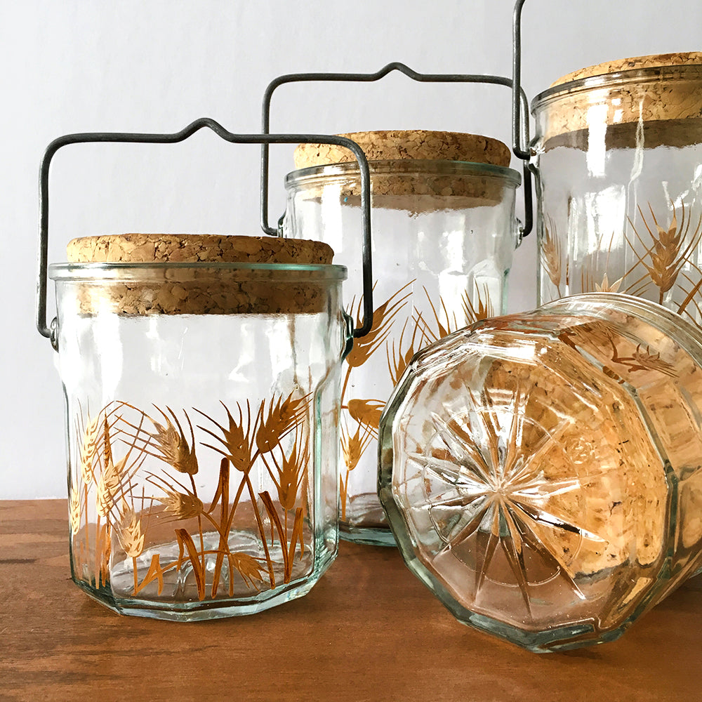 1970s Hand-Painted Wheat Cut-Glass and Cork Lidded Countertop Canisters, Jars