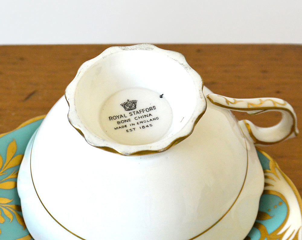 1950s Turquoise and Gold Royal Stafford Bone China Made in England Teacup and Saucer Set