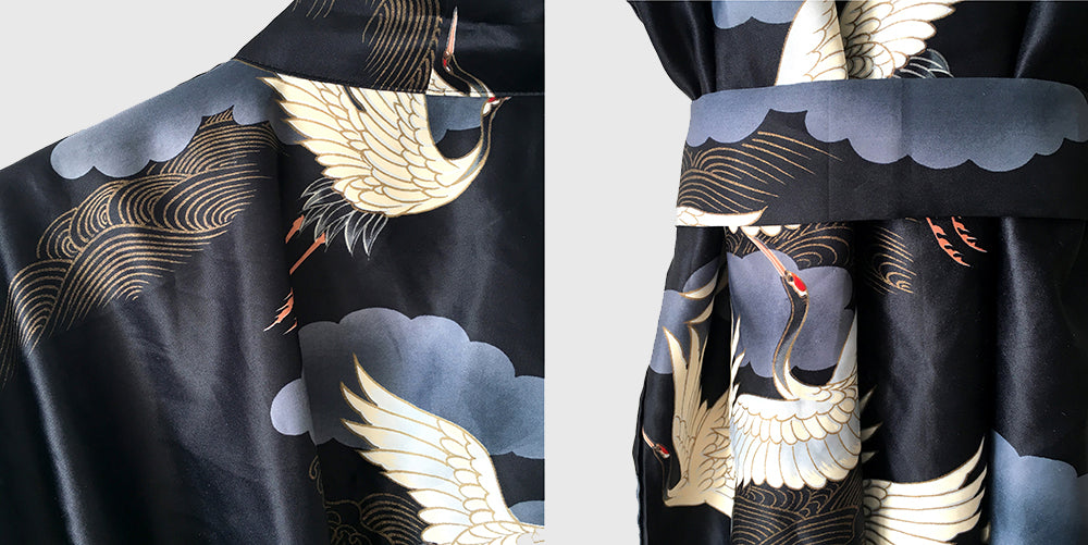 Made in Japan Flying Crane and Clouds Belted Kimono Robe Duster
