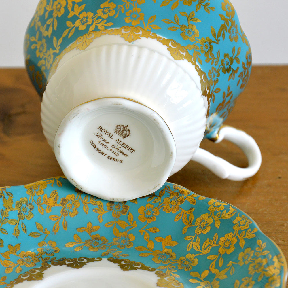 1950s Royal Albert Turquoise and Gold Floral Patterned Teacup and Saucer Set