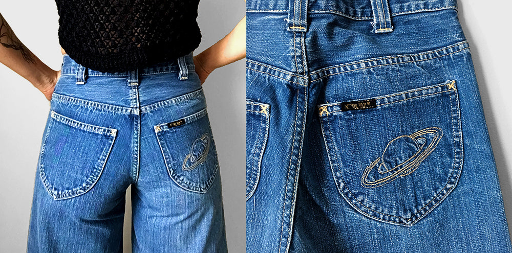1970s Super Wide Flare Leg High-Waisted Denim Blue Jeans