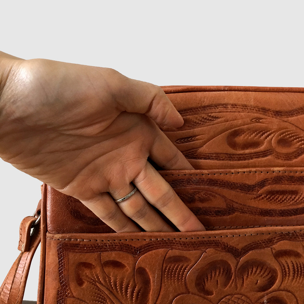 1970s Tooled-Leather Floral Motif Handbag Purse