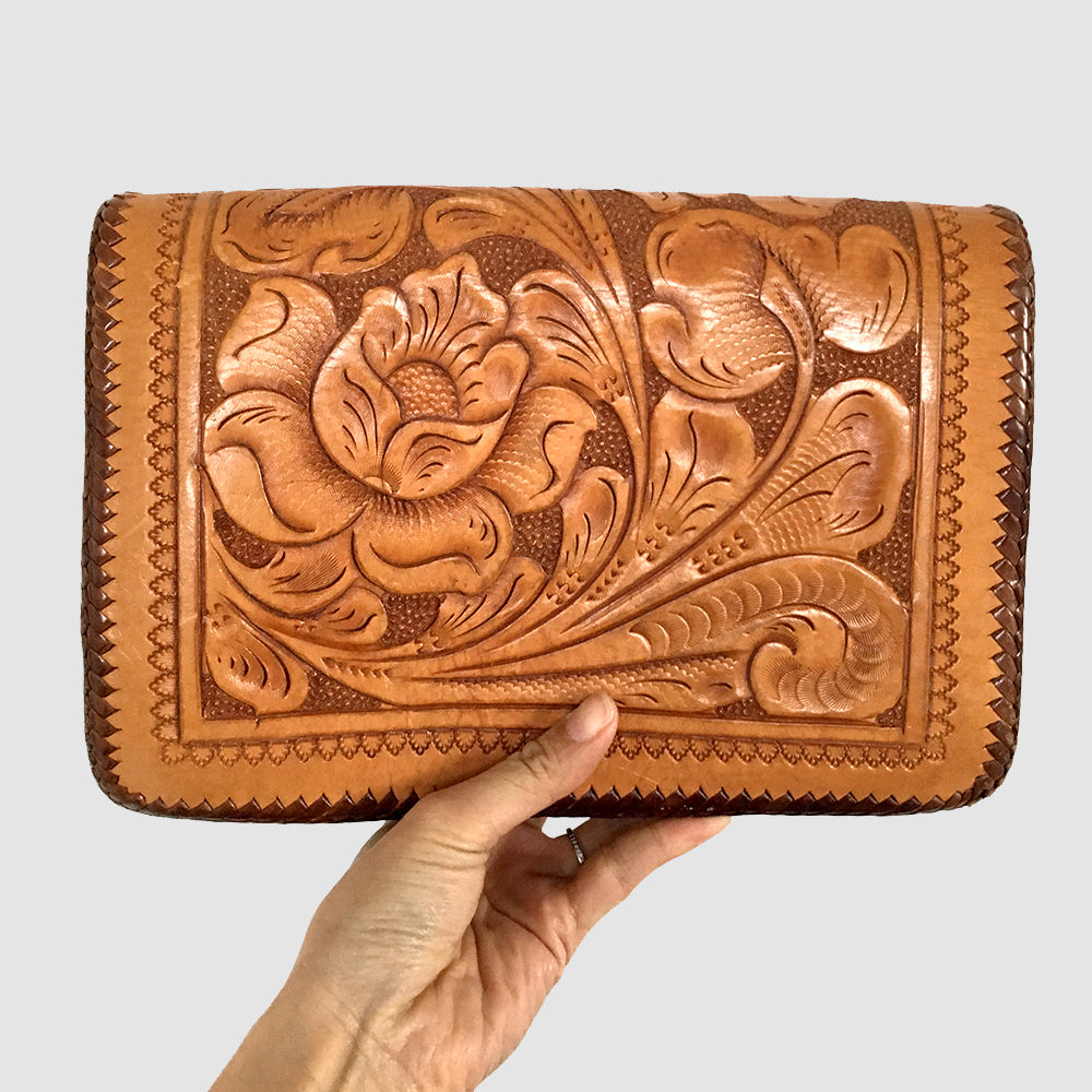 1950s Tooled-Leather Floral Motif Clutch Bag