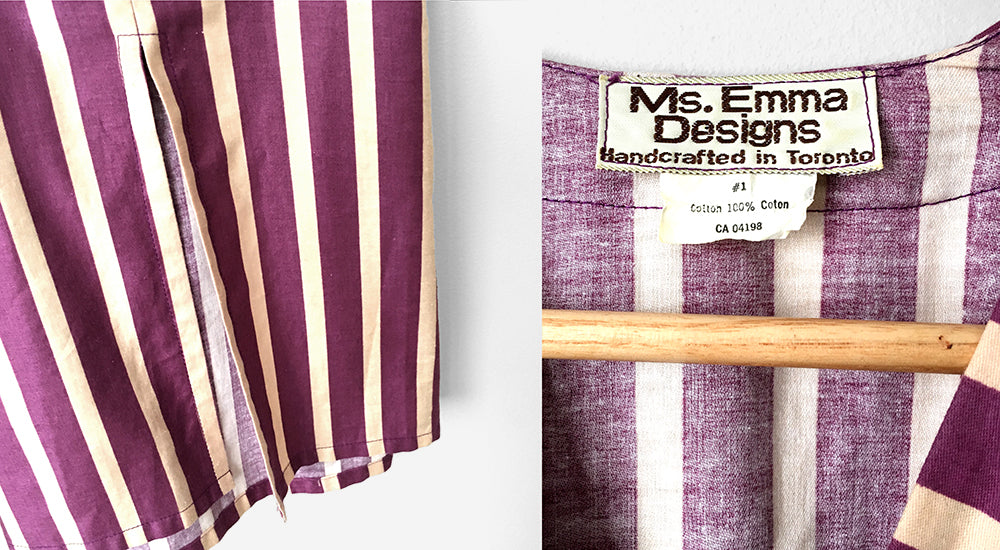 1970s Plum and Beige Stripe Made in Canada Cotton Belted Dress
