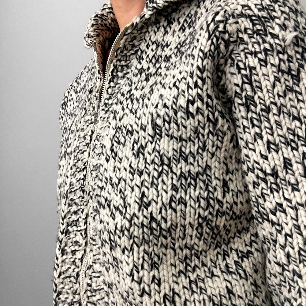 1970s Handmade Hand-Knit Wool Black and White Speckled Knit Zippered Cardigan Sweater