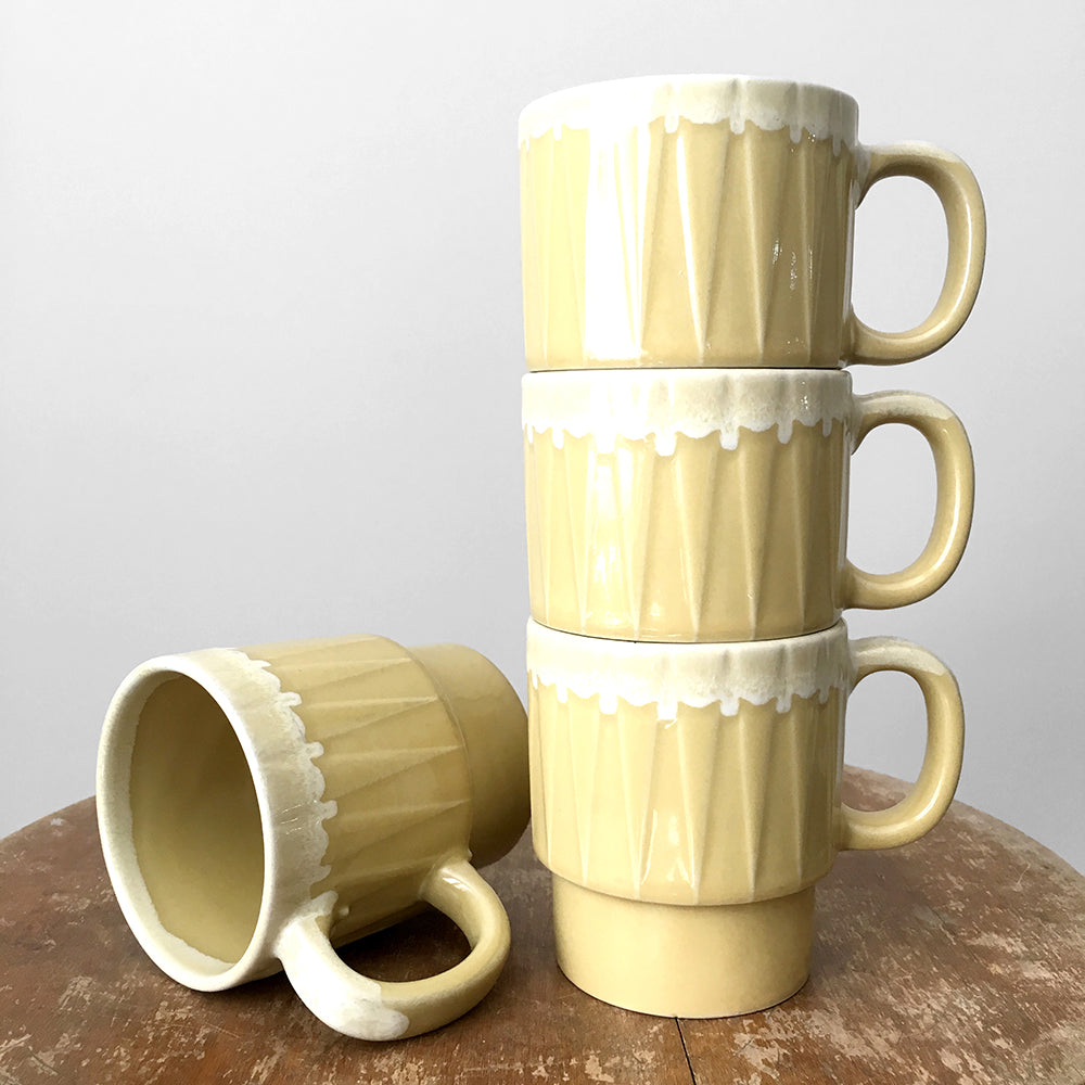 Set of 4 1970s Yellow and Cream Made in Japan Glazed Ceramic Stacking Mugs