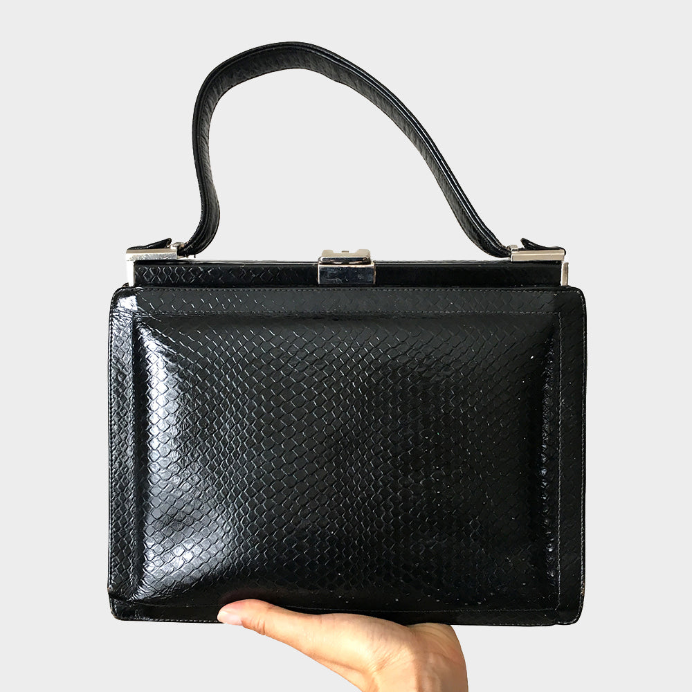 1960s Structured Black Leather Top Handle Handbag Purse