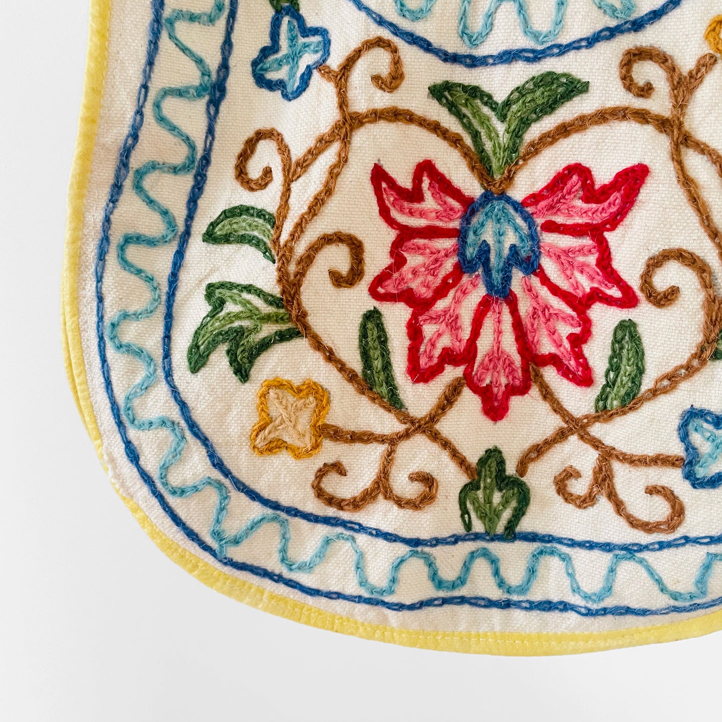 1960s Hand Embroidered Wool Straw Handle Handbag