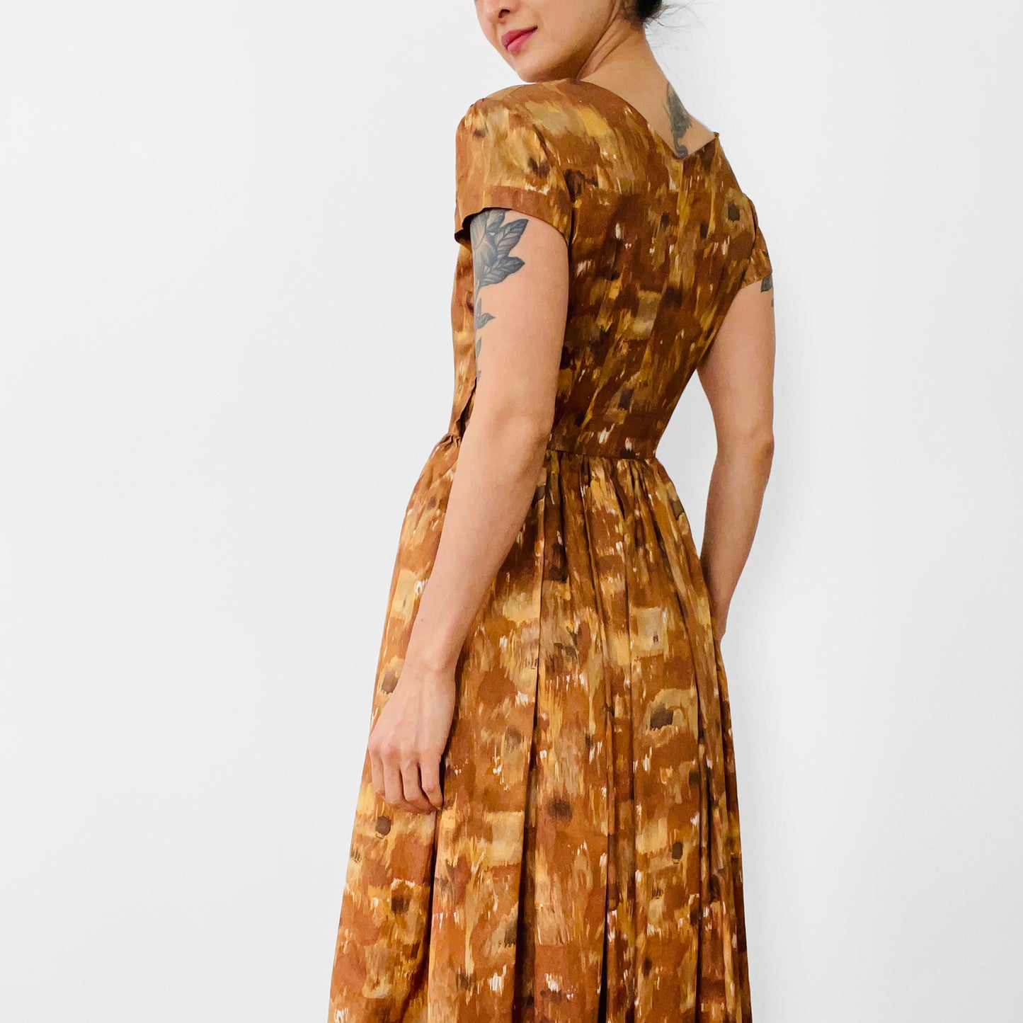 Vintage 1950s - 1960s Mid-Century Abstract Print Fit and Flare Day Dress - Sz. XS/S