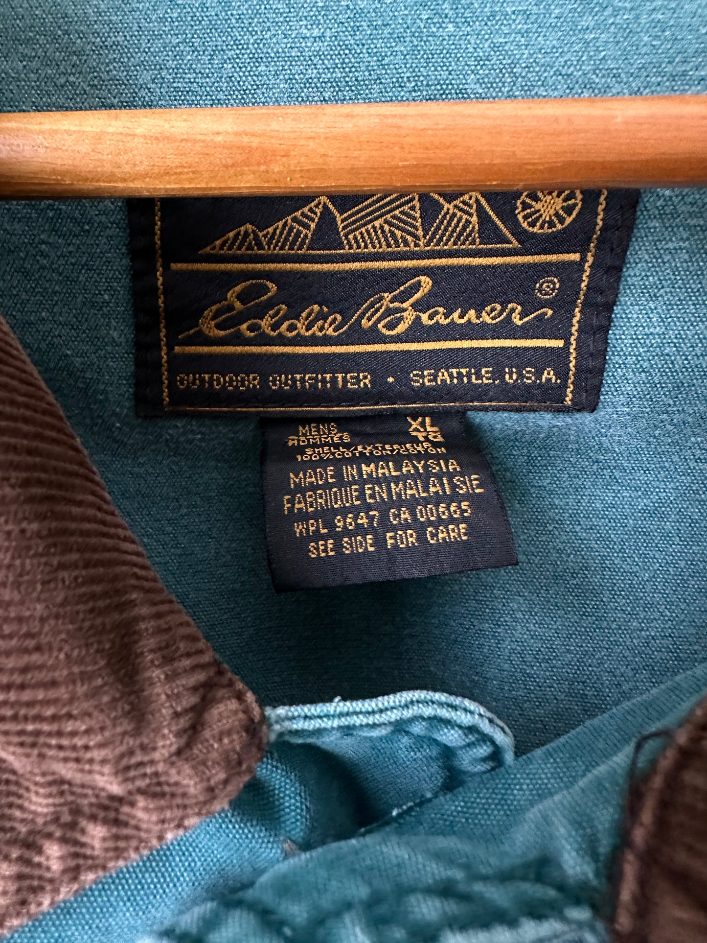 1980s Turquoise Blue Green and Brown Corduroy Collared Lightweight Chore Jacket - Sz. XL