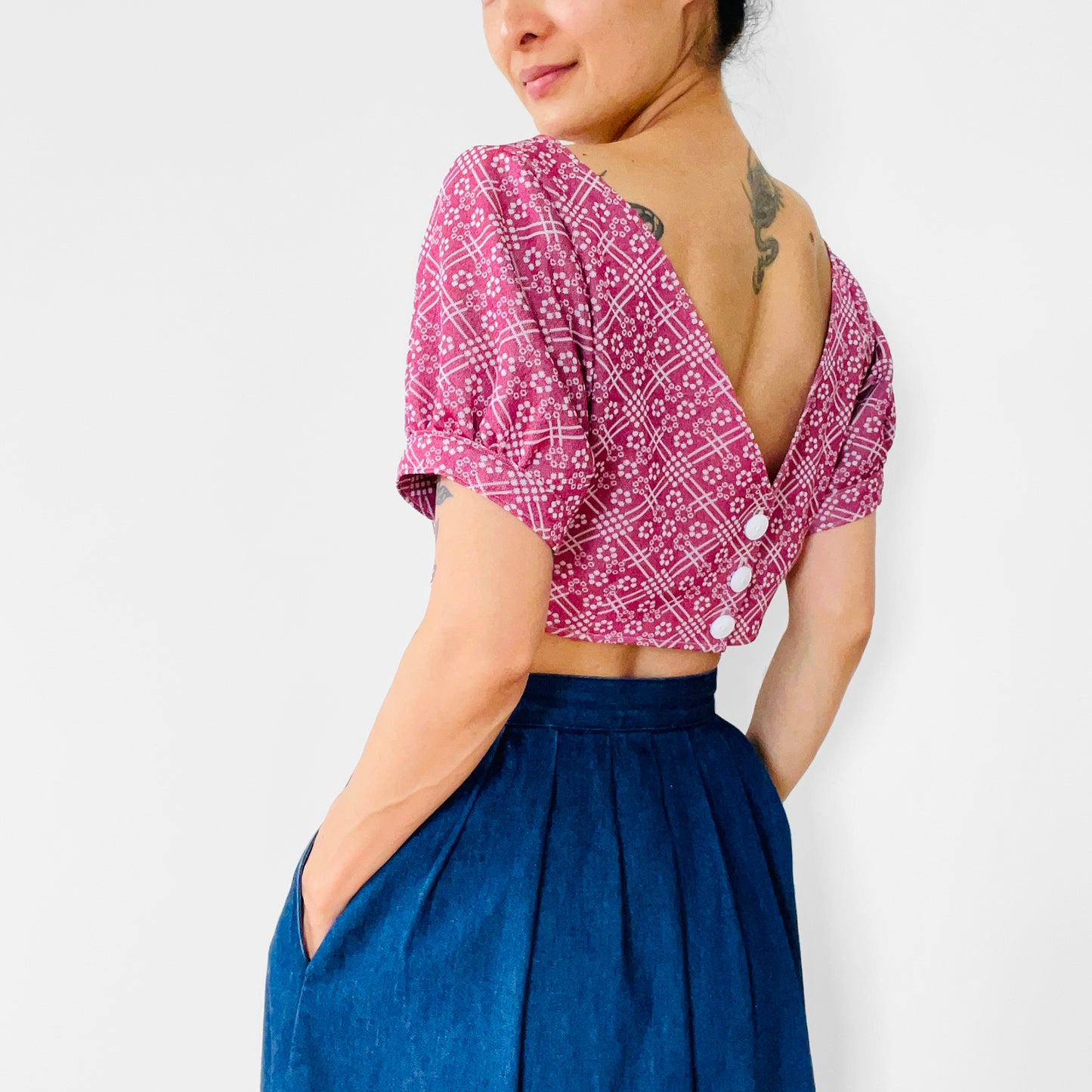 Upcycled 70s Berry Floral Handmade Wide-Neck Short-Sleeve Button-Back Crop Patterned Top