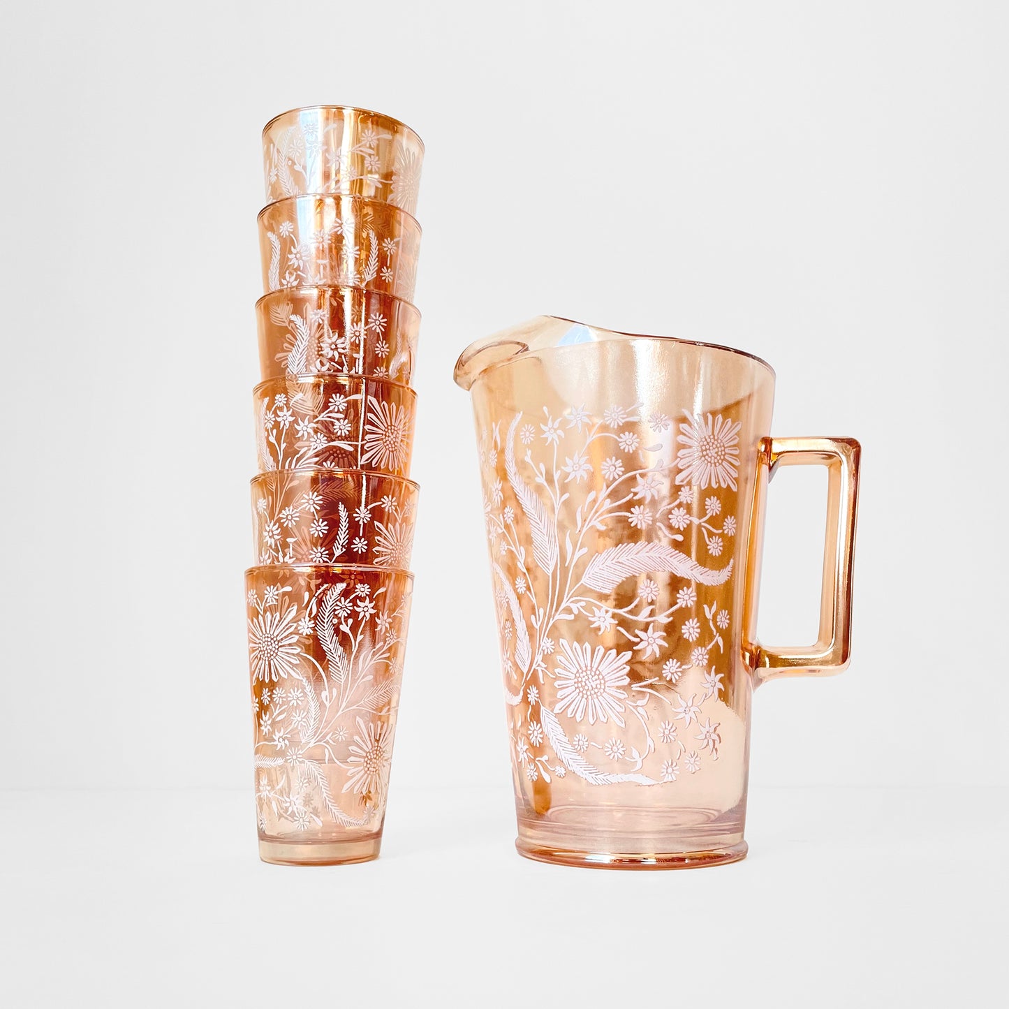 1950s Jeannette Glass Late Sunflower Carnival Glass Lusterware Wildflower Drinkware Set