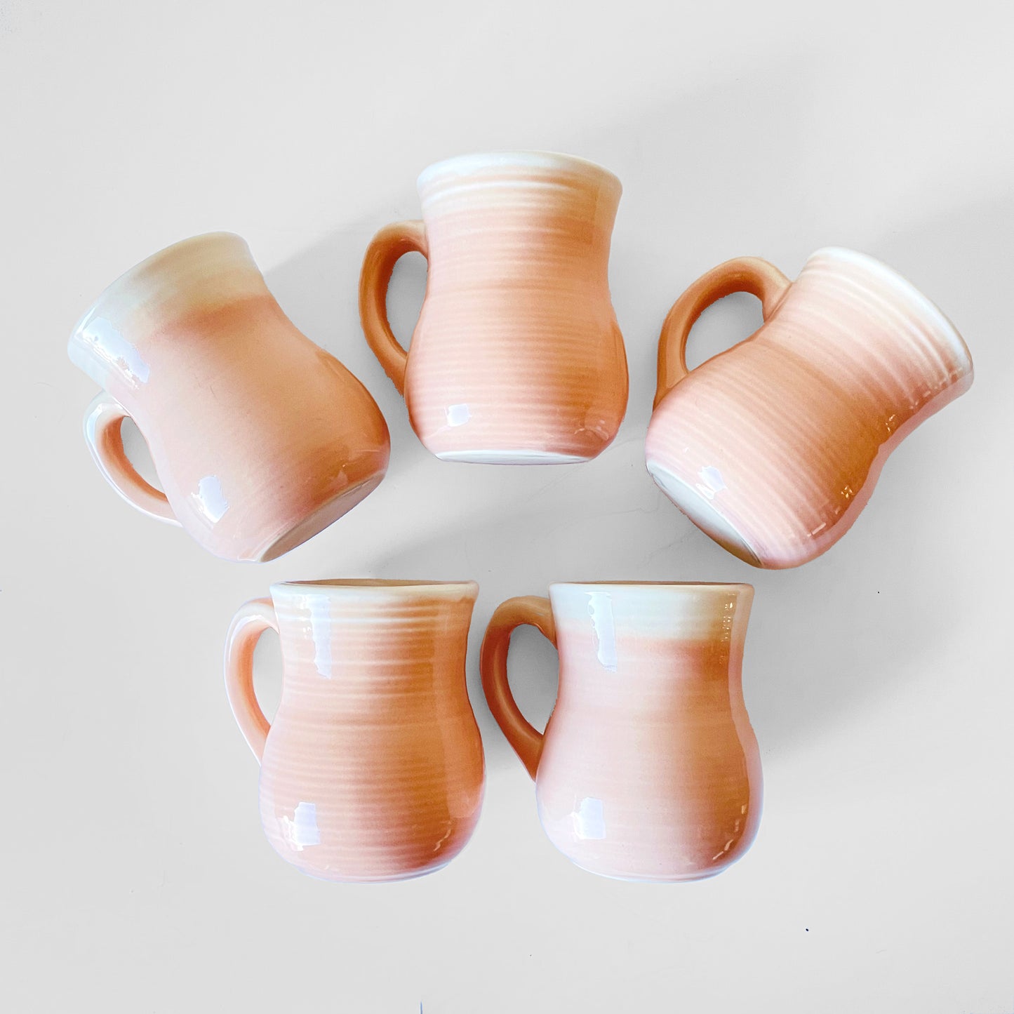 5 Piece 1980s Pink and White Ceramic Pottery Cups Set