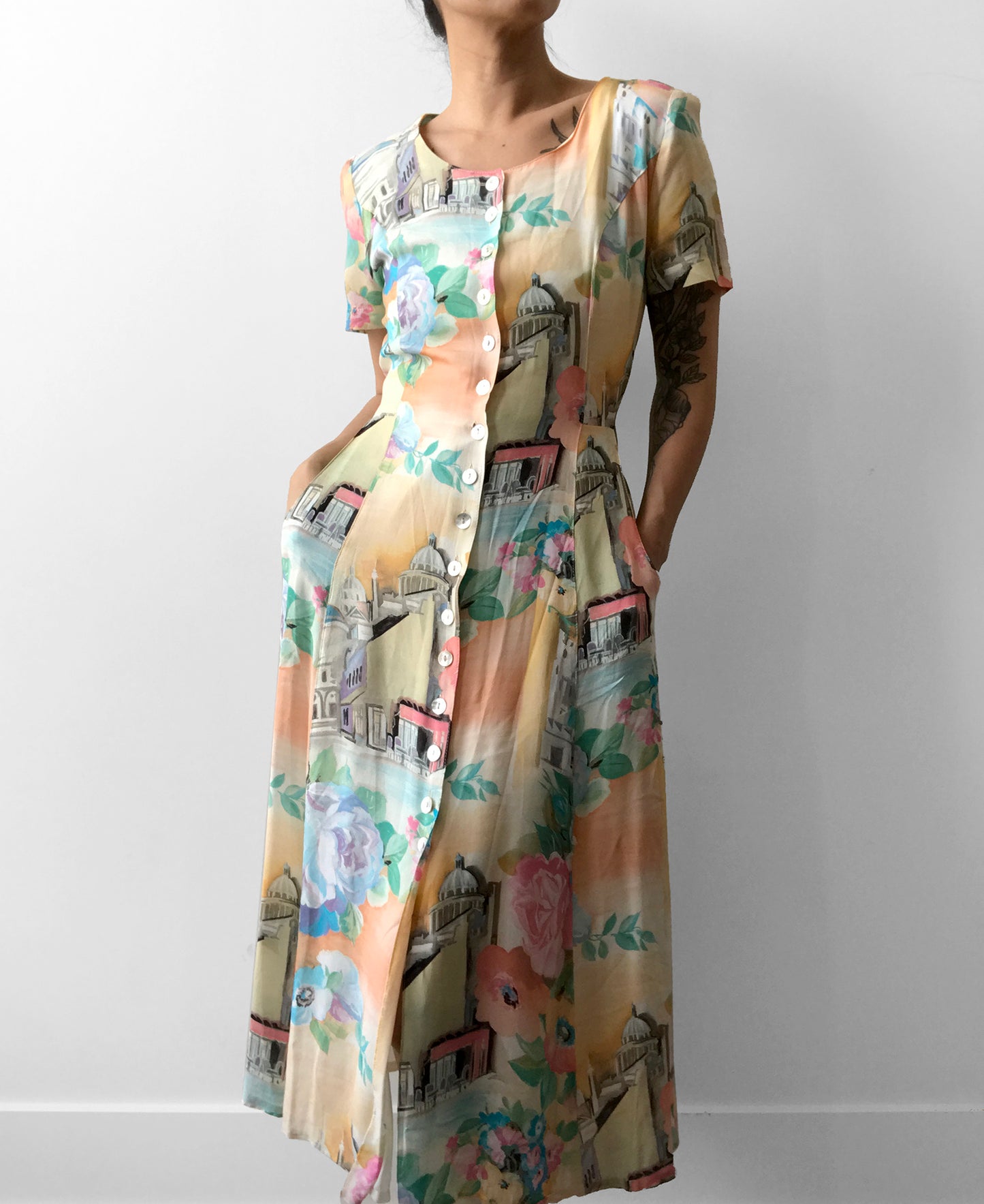 1980s Button-Front HAVANA Travel Inspired Silk Tied-Waist Dress