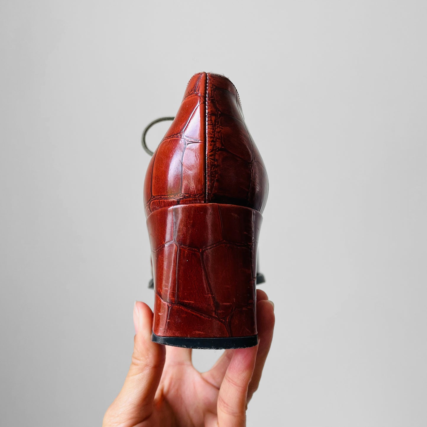 Vintage 1990s Yves Saint Laurent Patent Leather Embossed Lace Up Block Heel Shoes - Sz. 38