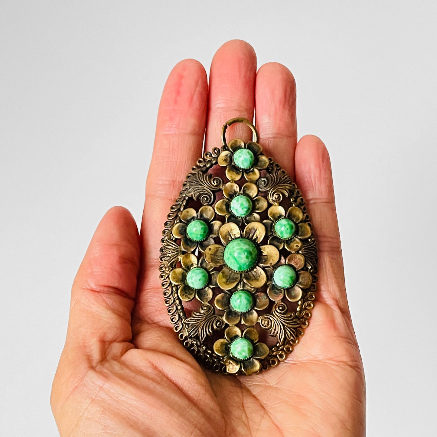 1920s Large Green Jeweled Pendant