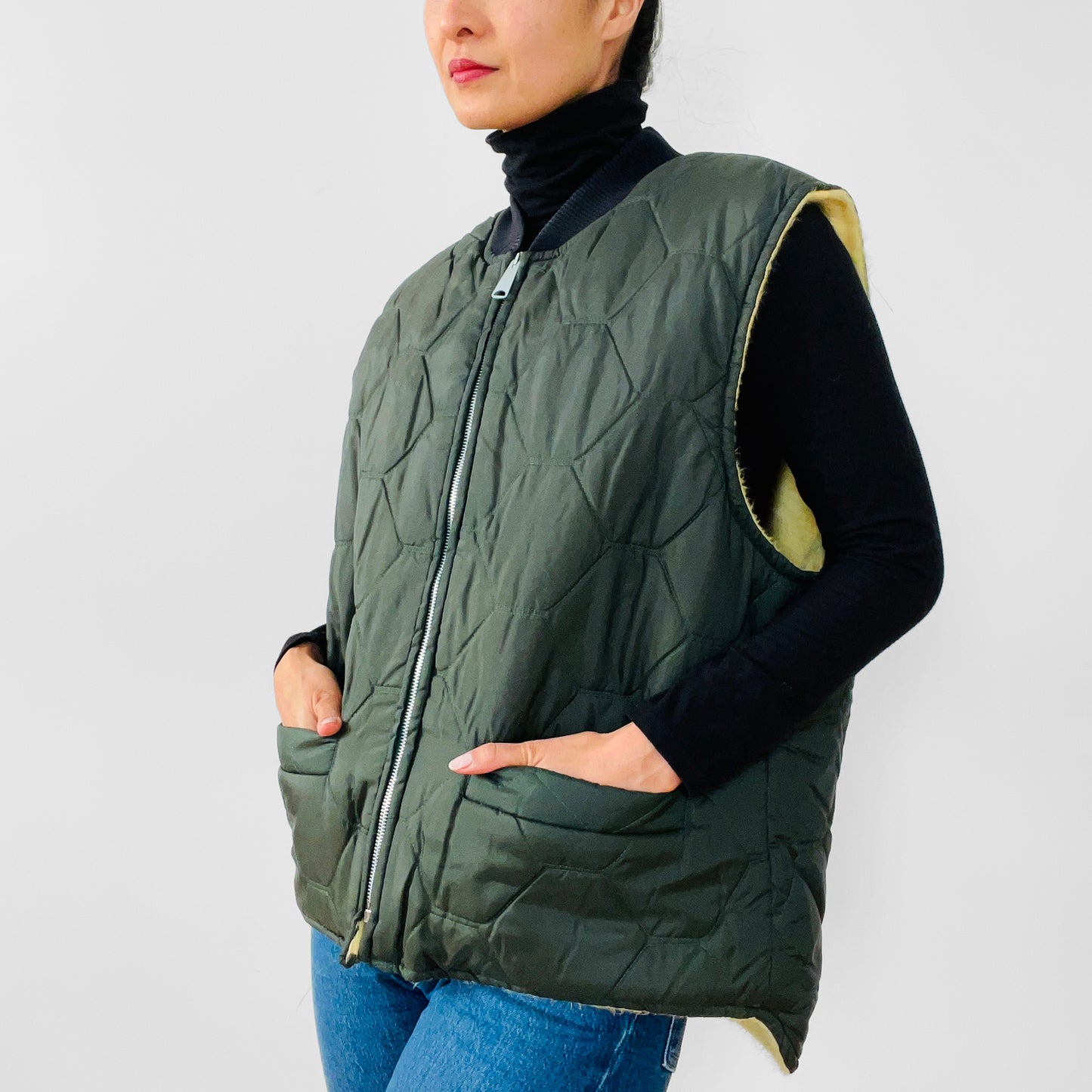 1970s Made in Canada Army-Green Faux-Fur Lined Quilted Vest