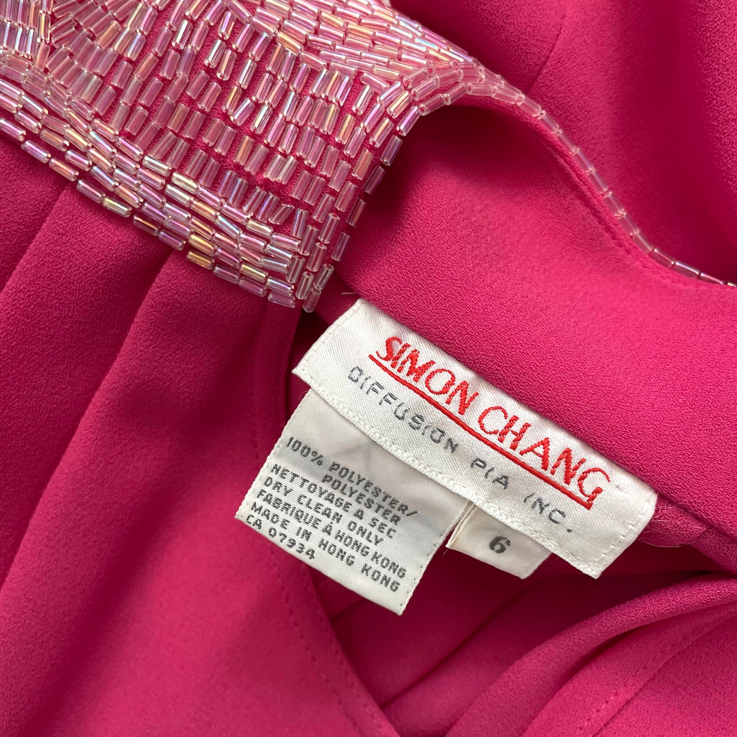 1980s Simon Chang Fuchsia Beaded Button-Back Dress