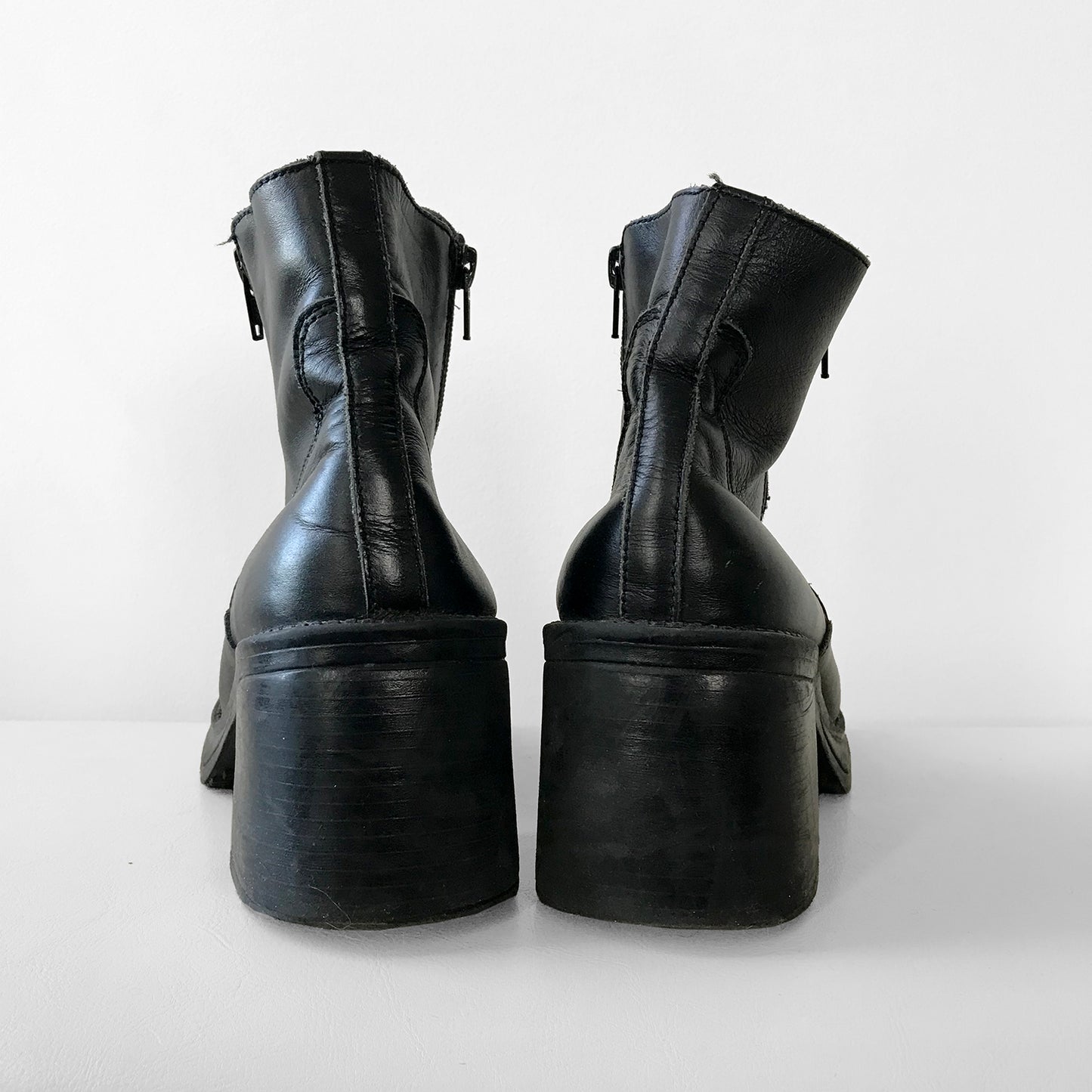 1990s Black Leather Chunky-Heeled Platform Zippered Ankle Boots