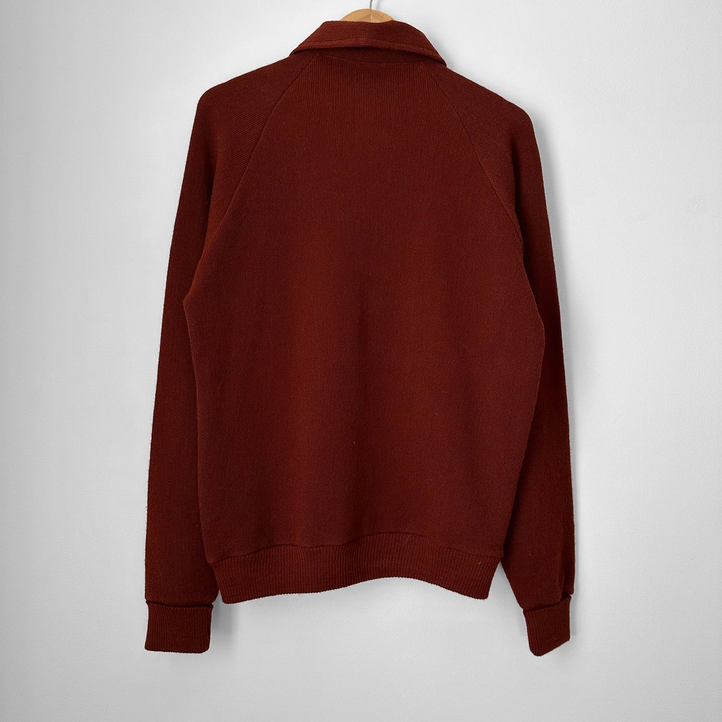 1970s Made in Canada Rust Brown Button Front Wide Lapel Collared Wool Knit Pullover Sweater