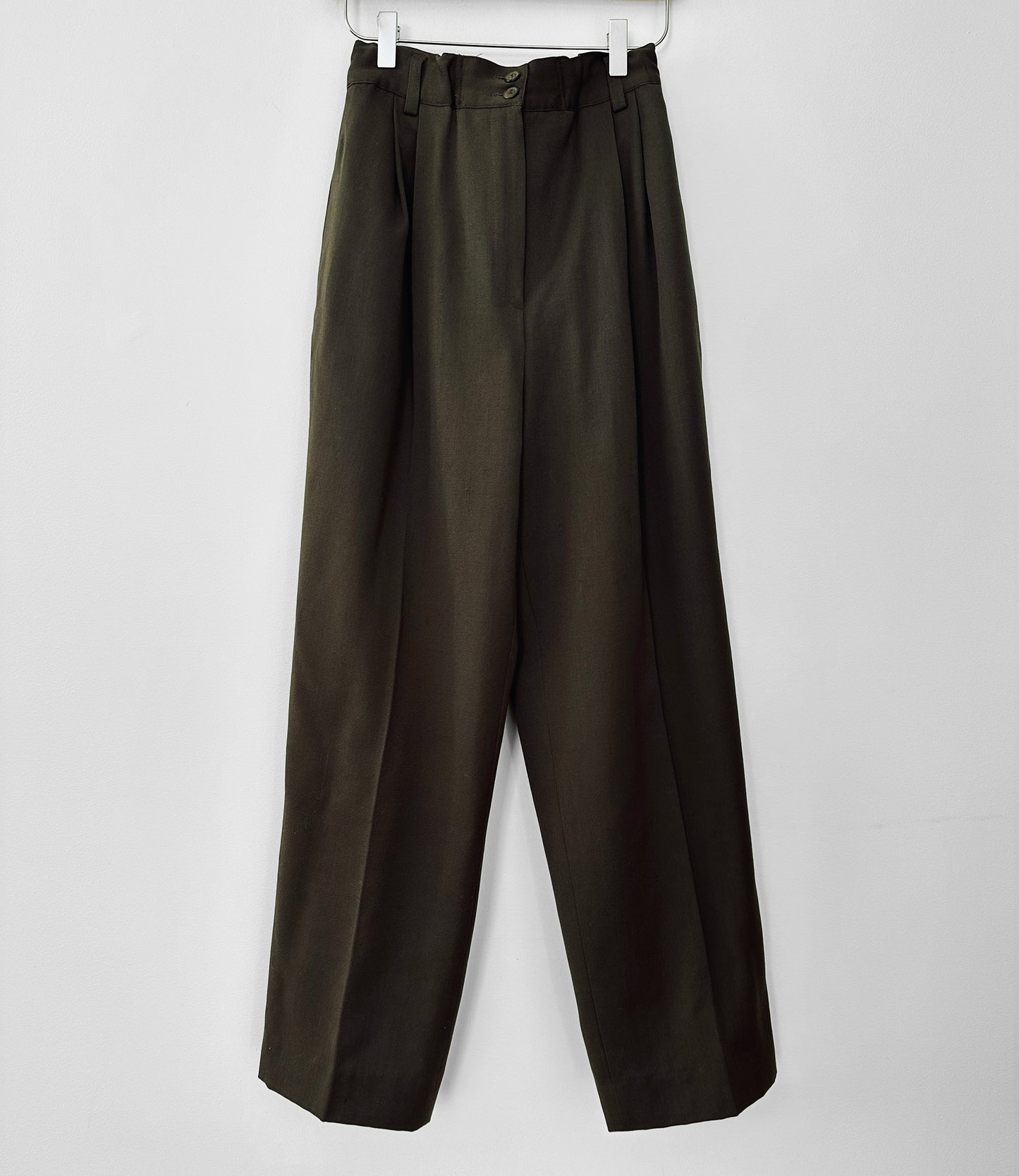 1980s Harve Bernard Olive Brown High-Waisted Pleated Tapered Leg Lined Trousers - Waist 24-27.5