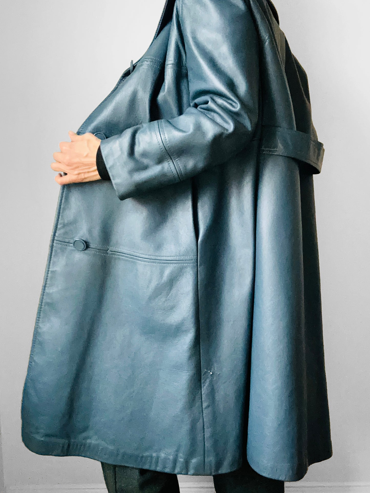 1970s Slate Blue Leather Midi-Length Quilted Coat - S/M