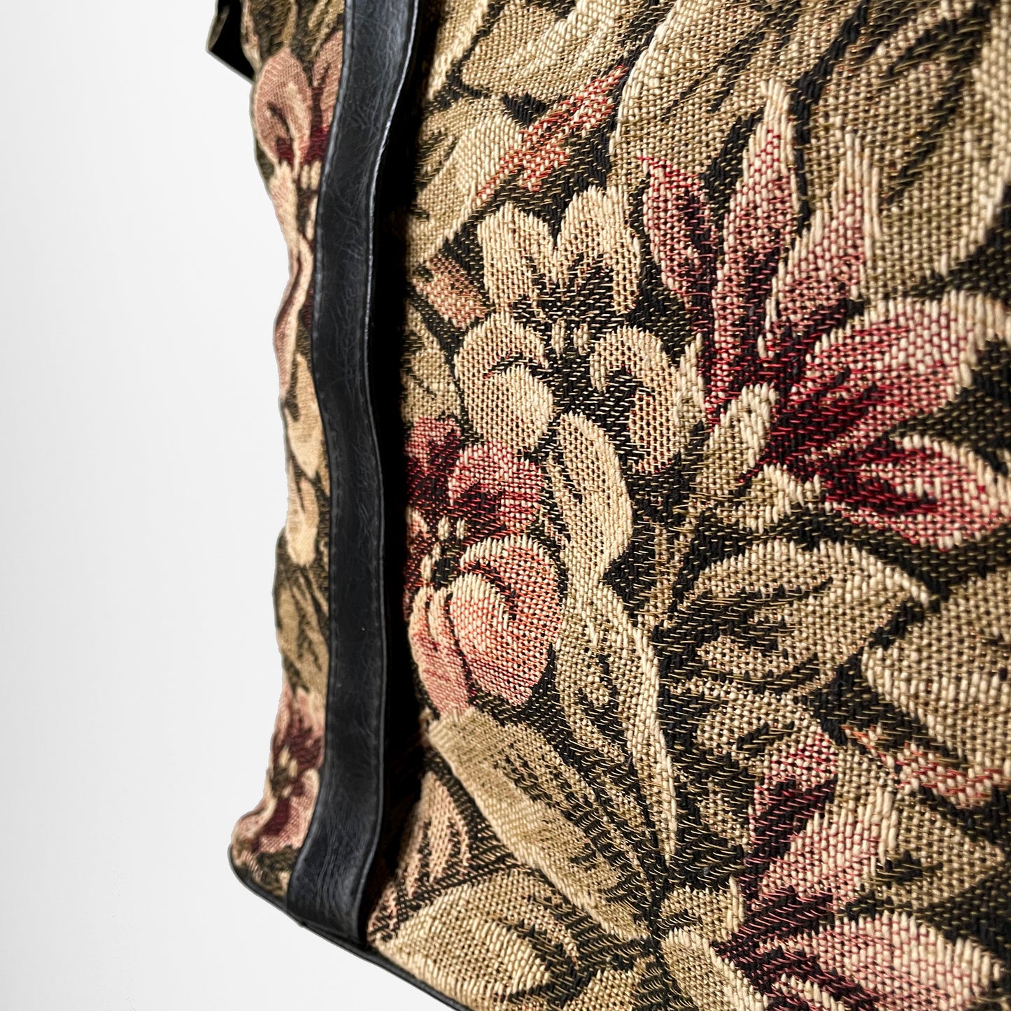 1990s Floral Woven Textile Faux-Leather Zippered Tapestry Top-Handle Handbag Tote