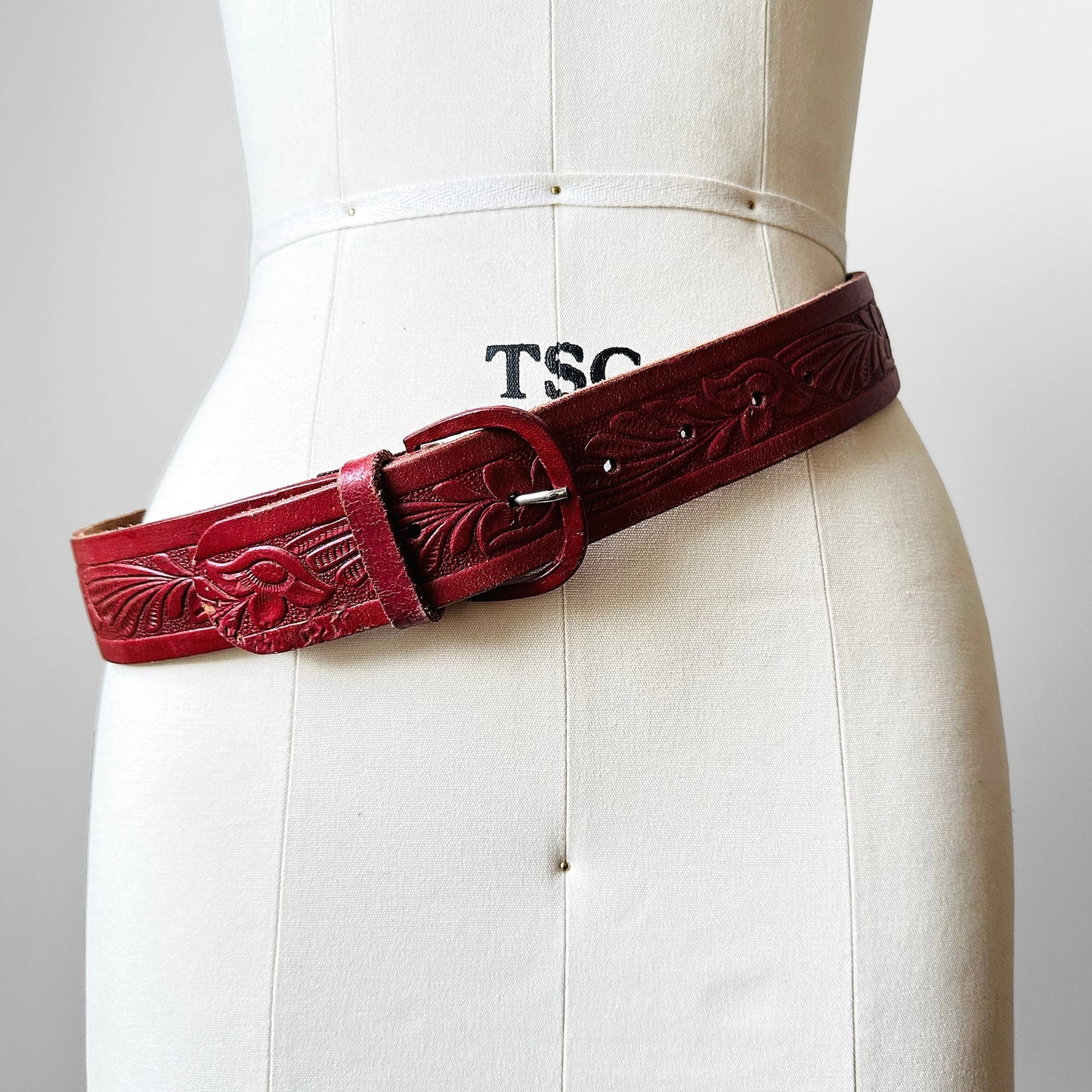 1970s Dark Cherry Red Tooled Leather Belt - Sz. 29-34