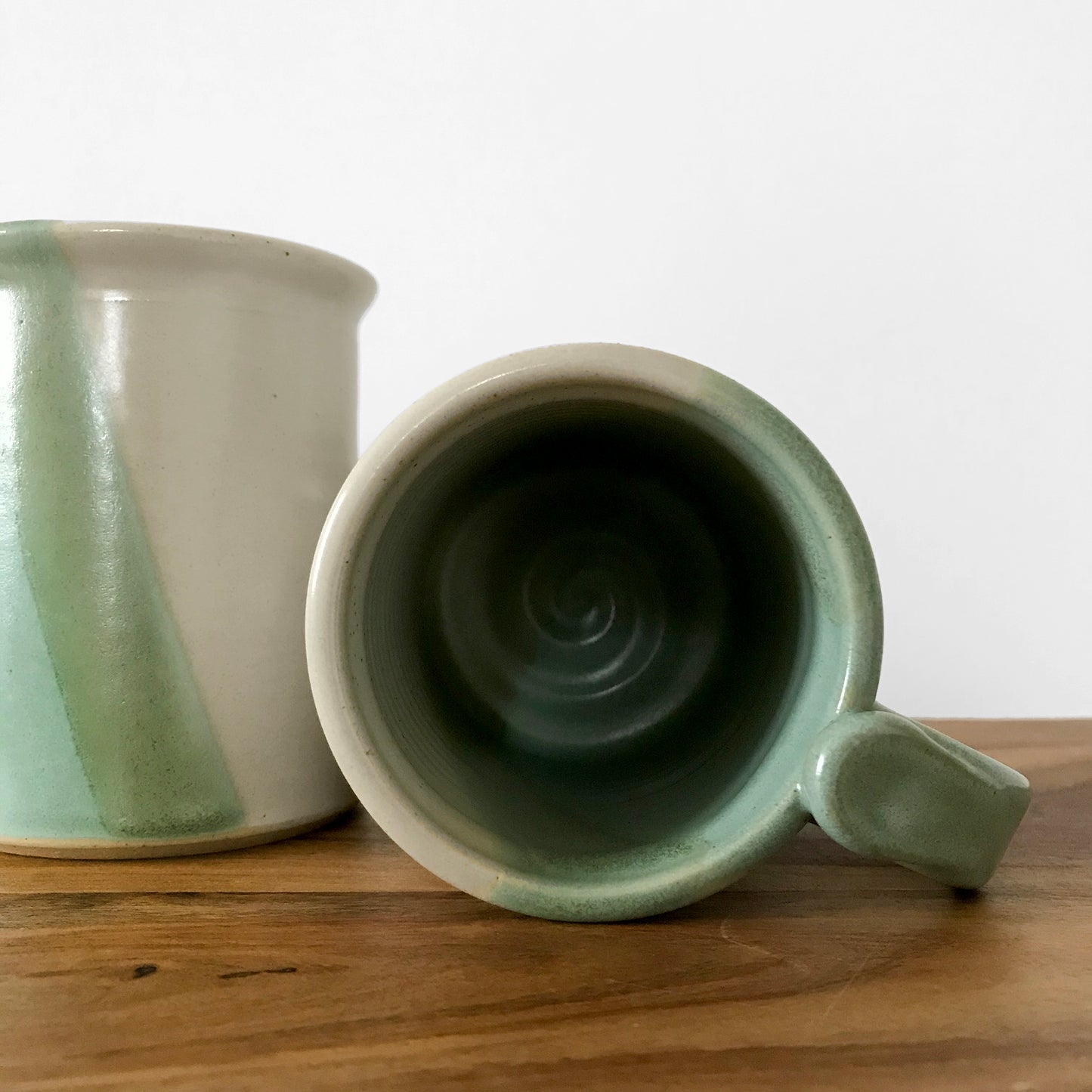 Pair of Vintage 1980s Mint-Green Pottery Artist Signed Ceramic Cups