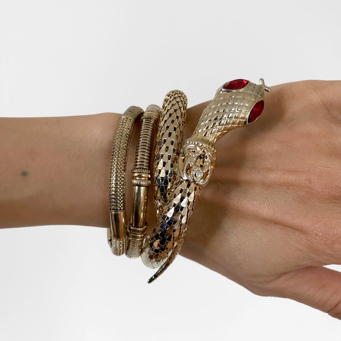 1980s Gold-Toned Garnet-Eyed Snake Bracelet Trio