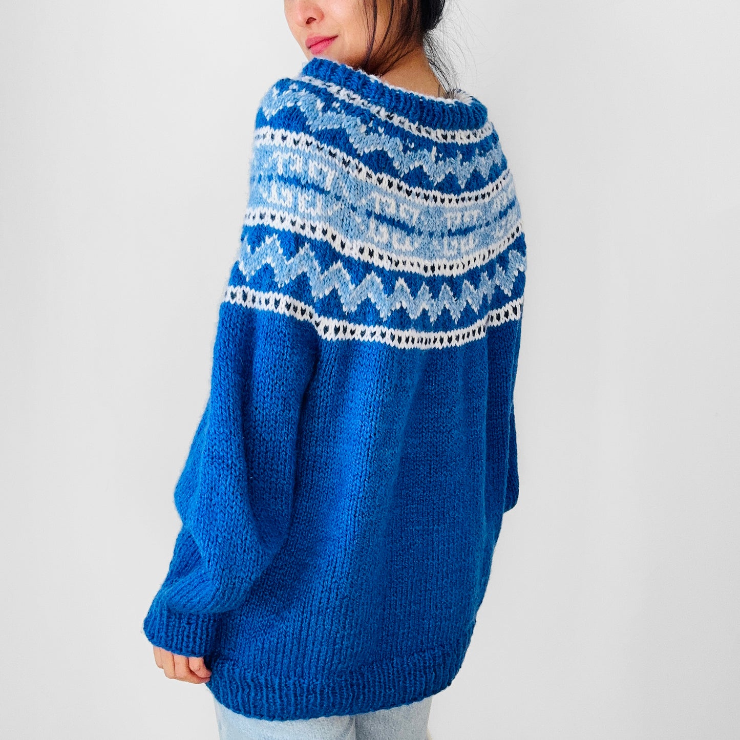 Blue and White Hand-Knit Handmade Wide-Neck Oversized Nordic Knit Sweater