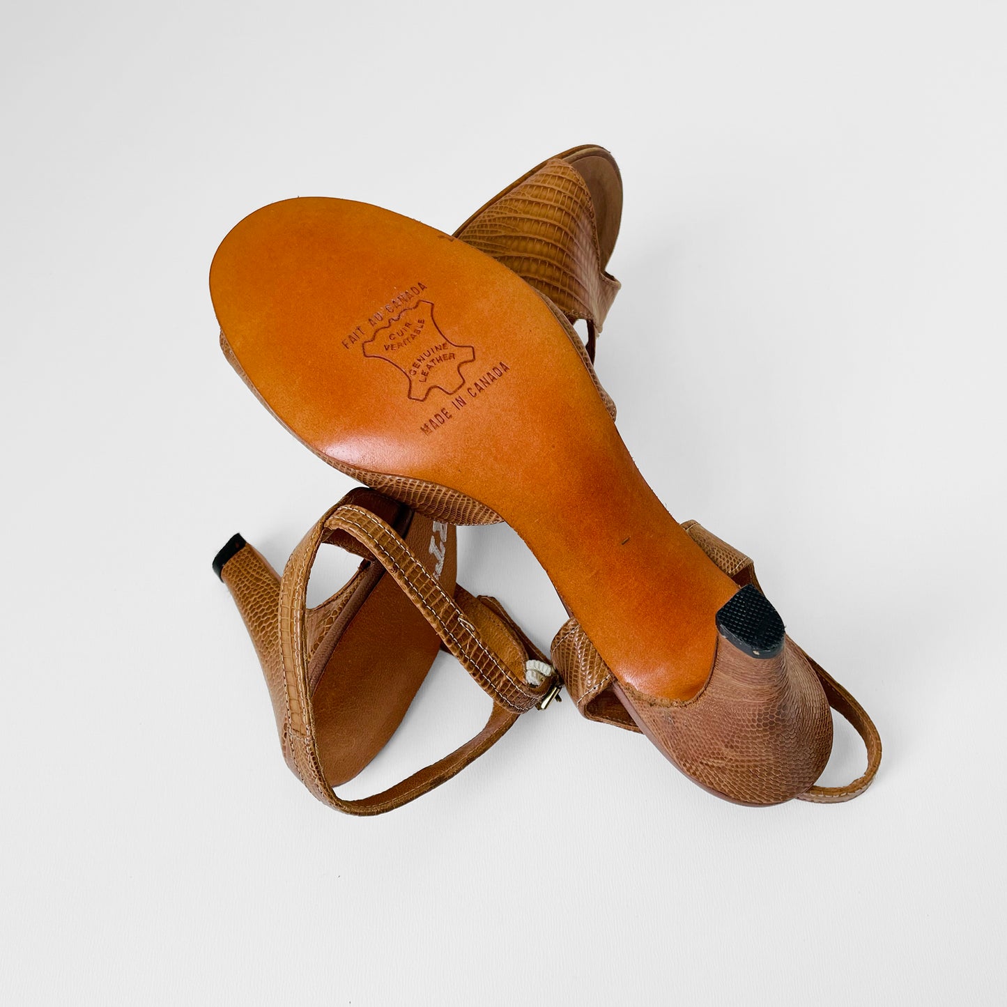 1970s Made in Canada Tan, Leather Peep-Toe Sandal Heels - Sz. 6.5
