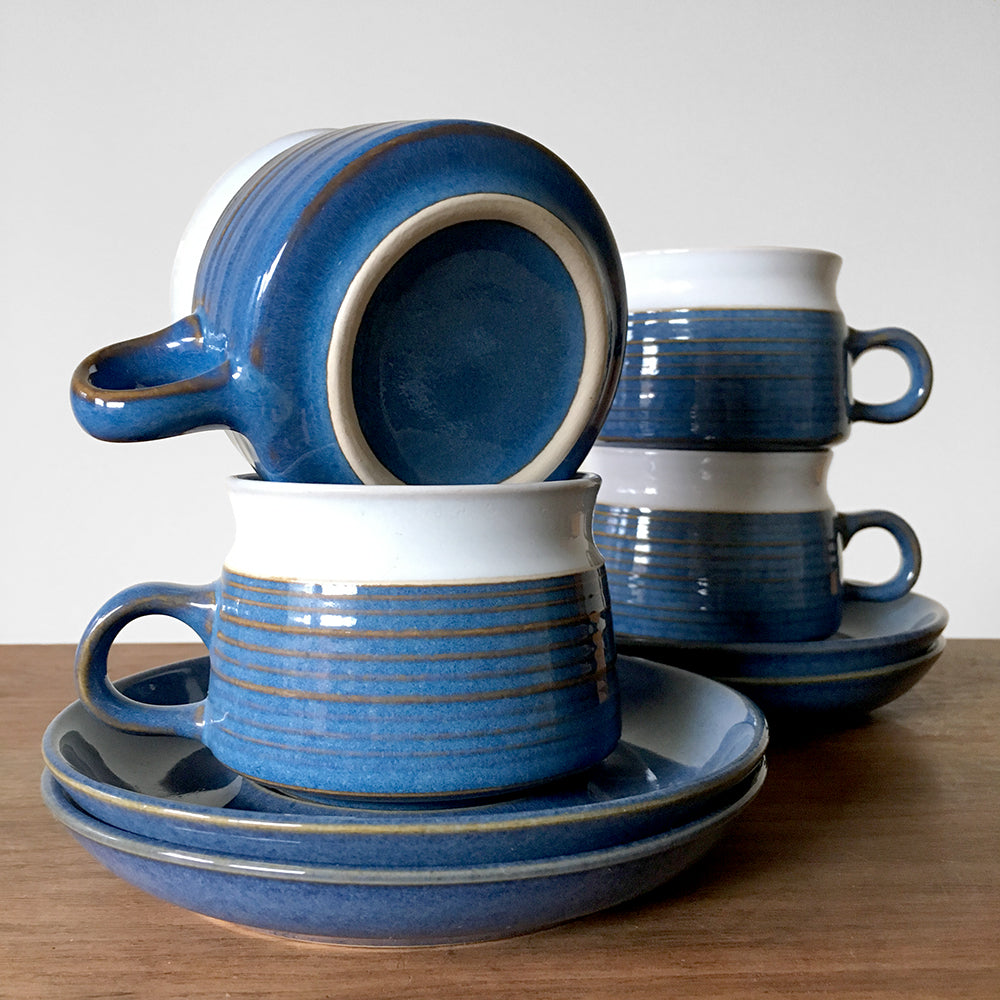 Set of 4 1960s Made in England Blue White and Gold Langley Cups and Saucer Sets