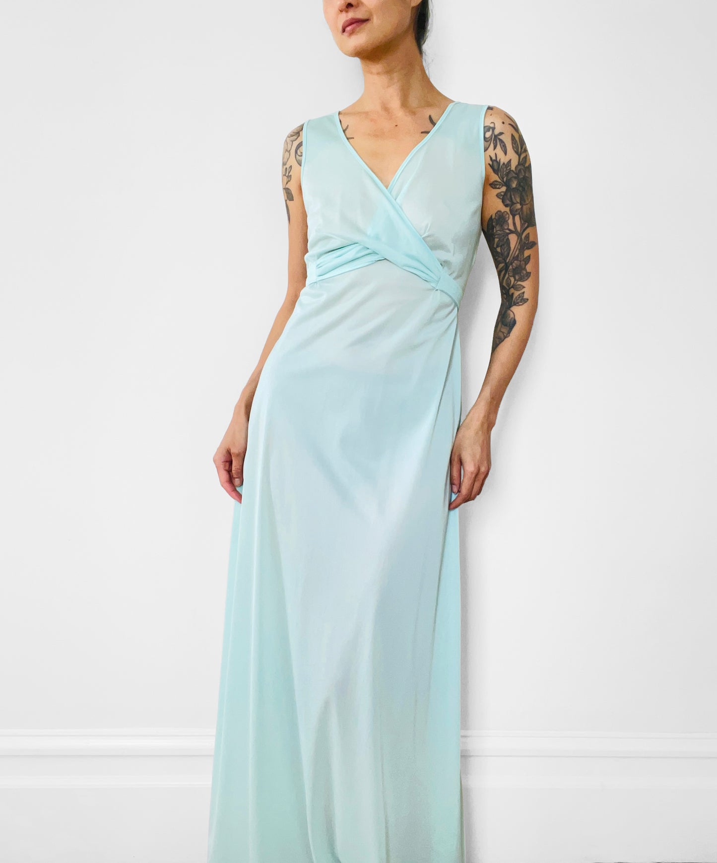 1970s Turquoise Nylon Minimalist Nightgown - Sz. S