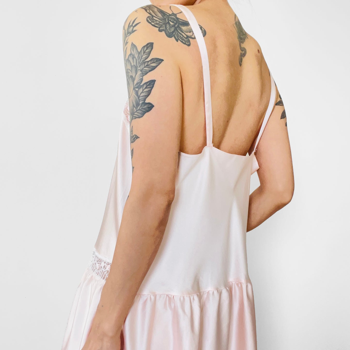 Soft Pink Satin and Lace 1920s Style Drop Waist Nightgown - M/L