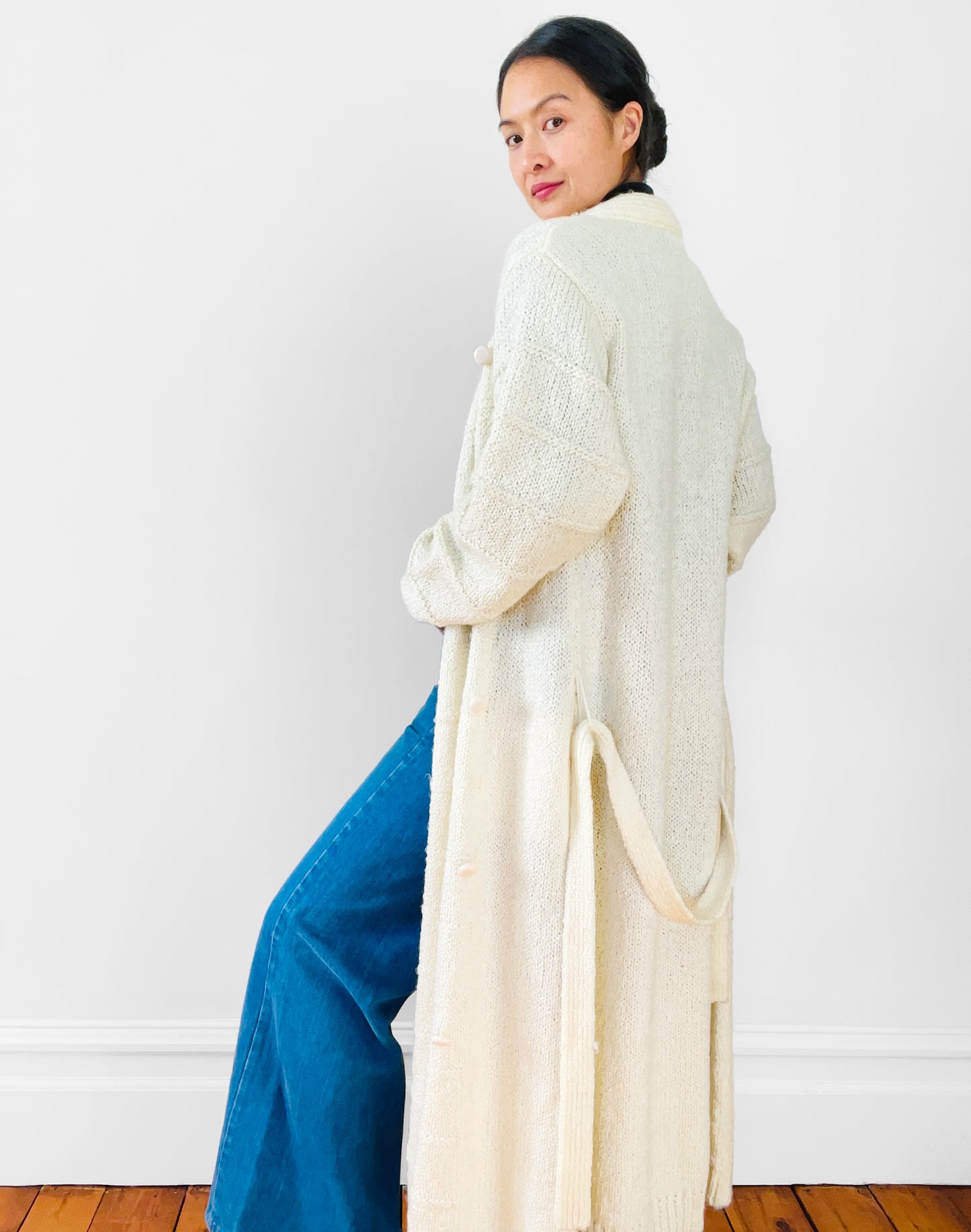 1970s Long Soft Cream Button Front Belted Midi-Length Knit Cardigan Duster