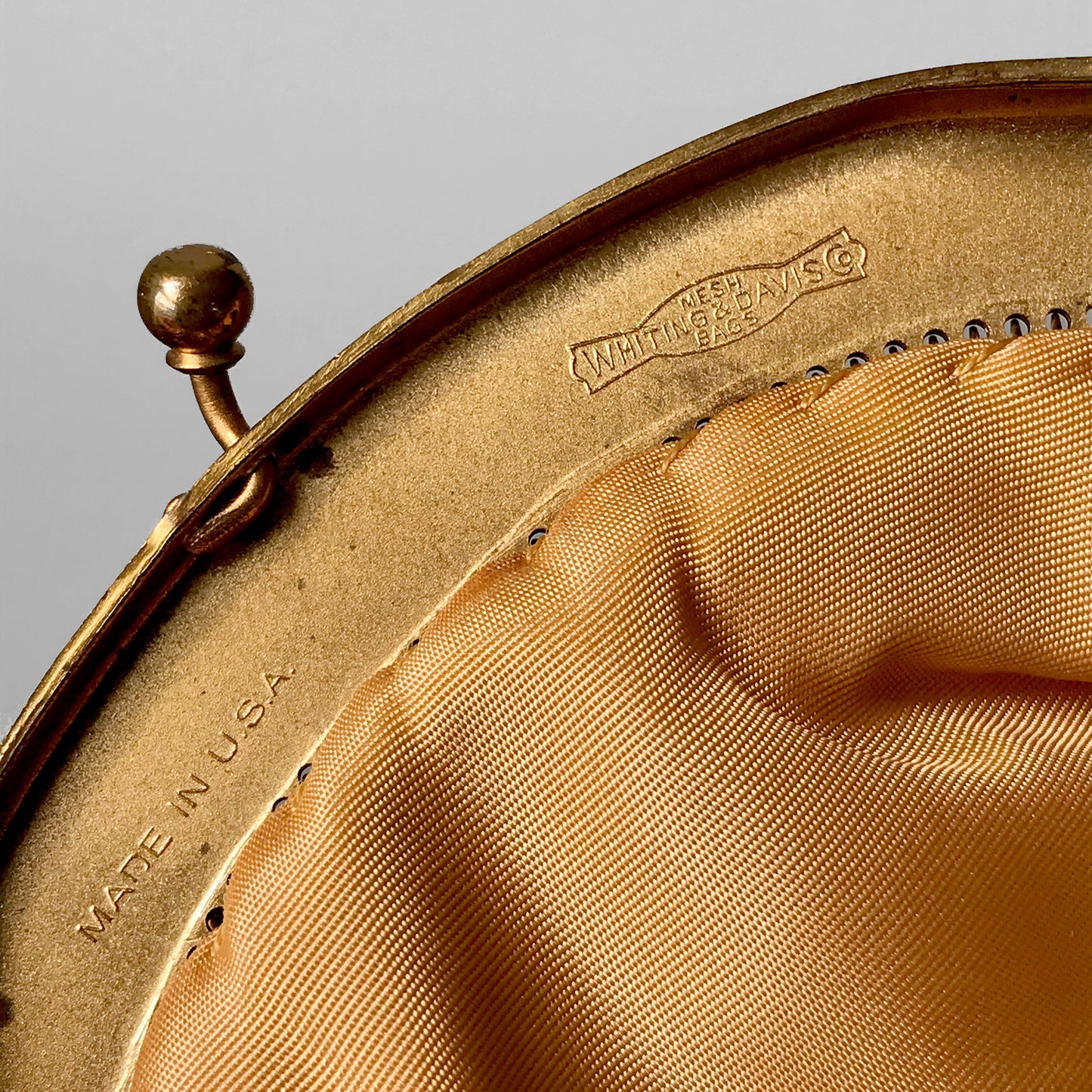 1950s Whiting and Davis Made in the USA Gold Metal Mesh Evening Bag