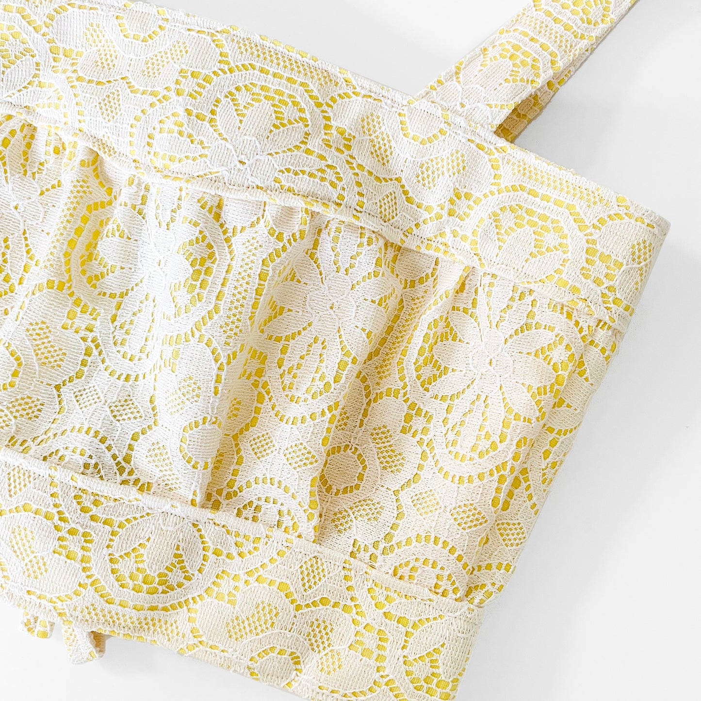 Upcycled Made-By-Me Vintage 60s Yellow and White Lace Lined Handmade Tied-Back Crop Tablecloth Top