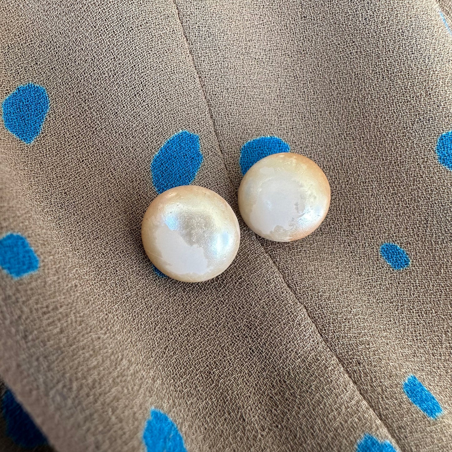 1980s Taupe and Blue Pebble Spotted Dress - S/M