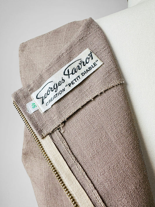 1960s Greige Zip Back Little Devil Button Detail Dress - Sz. M