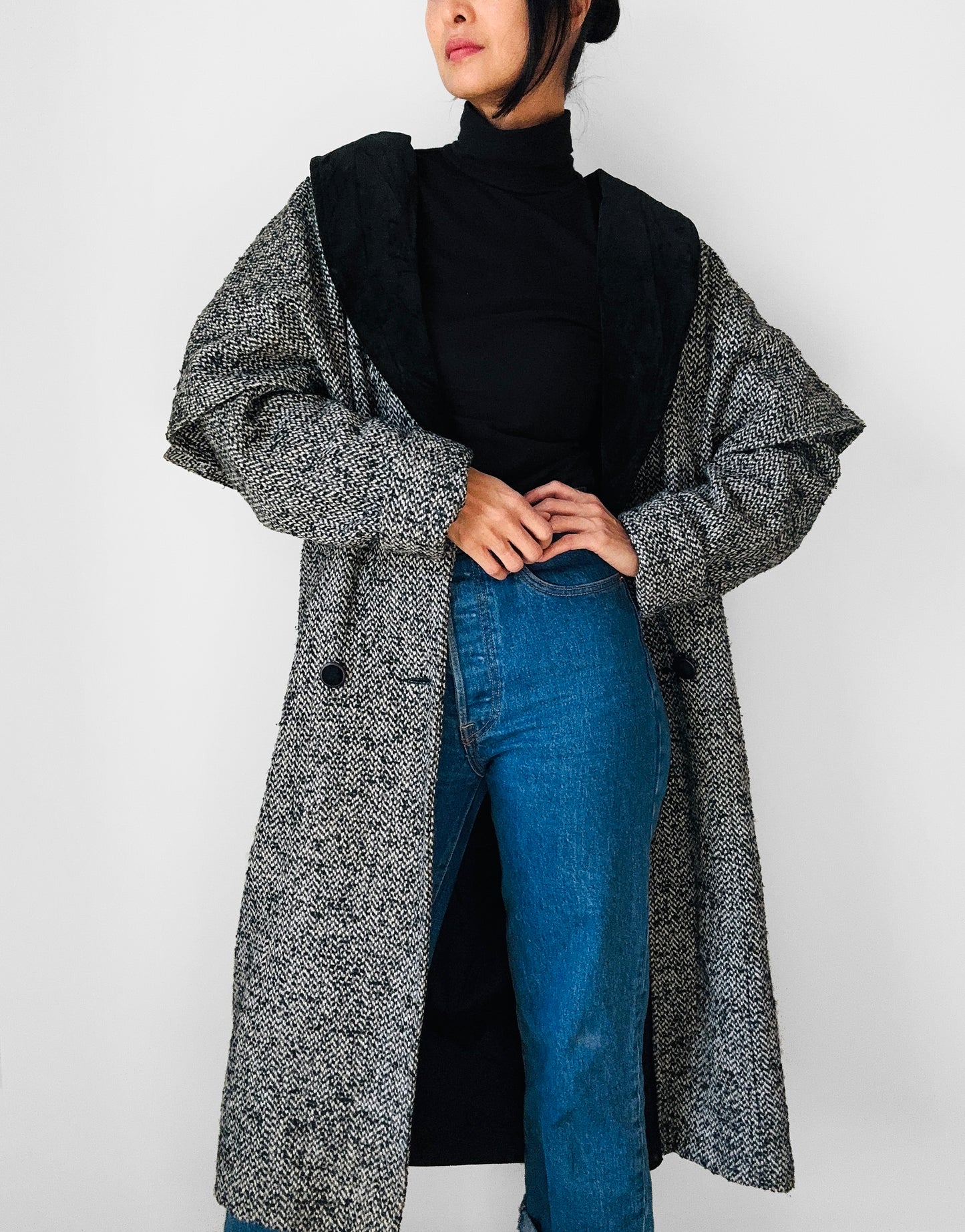 1980s Black and White Caped Wool Tweed Coat