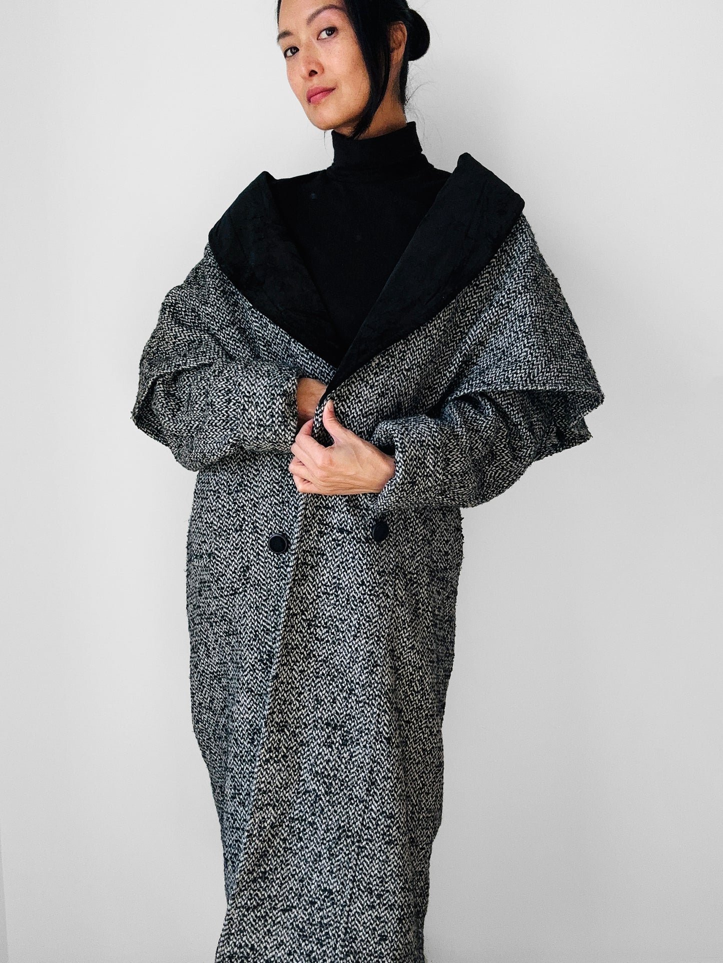 1980s Black and White Caped Wool Tweed Coat