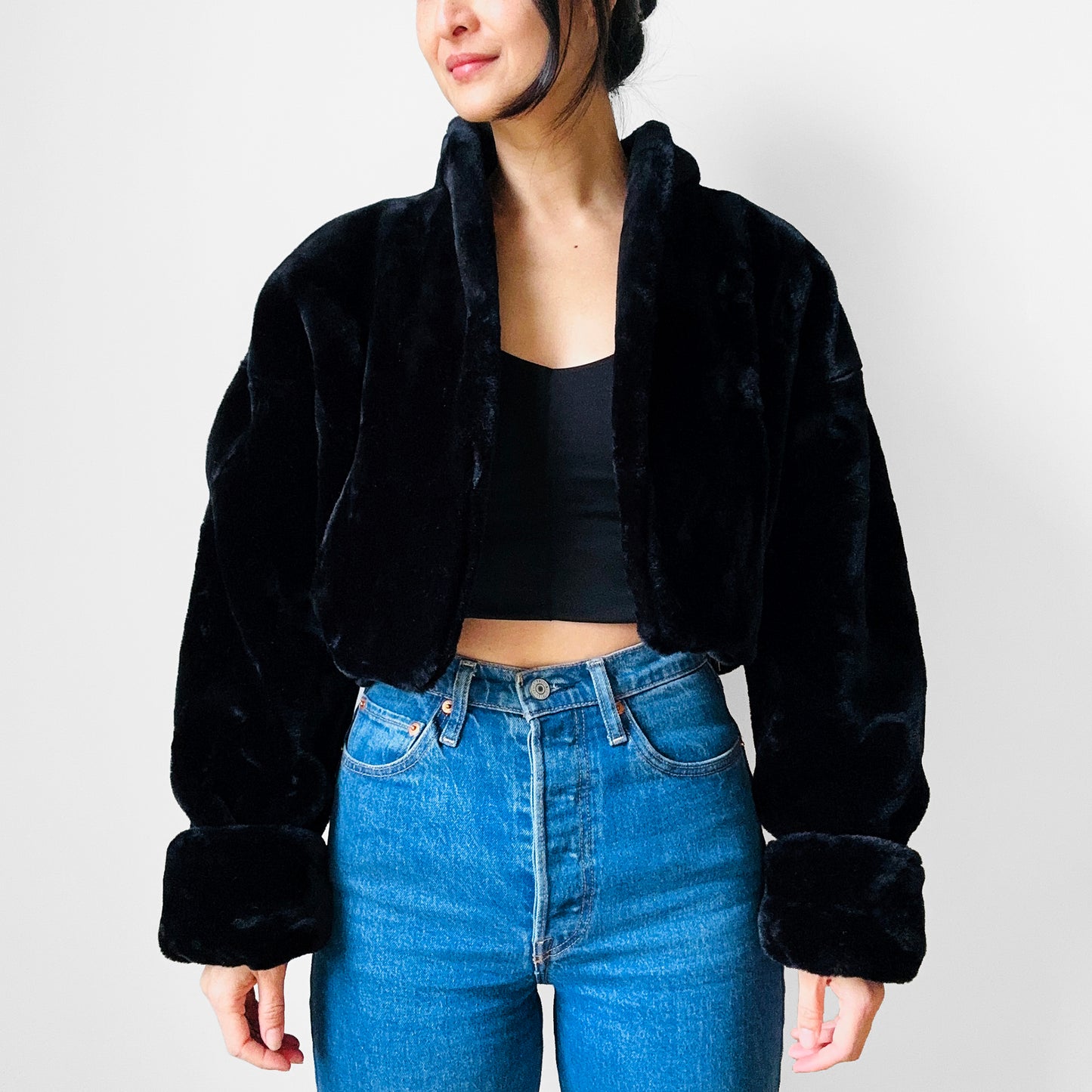 1980s Black Faux Fur Crop Jacket - Sz. M