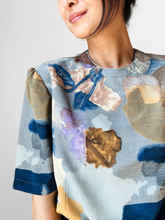 1980s Painterly Multi Tone Short Sleeve Blouse  - Sz. S/M