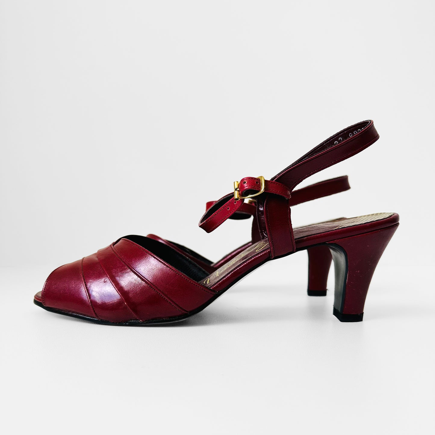 1960s Dark Red Leather Naturalizer Open-Toed Heeled Sandal Pumps - Sz. 9N