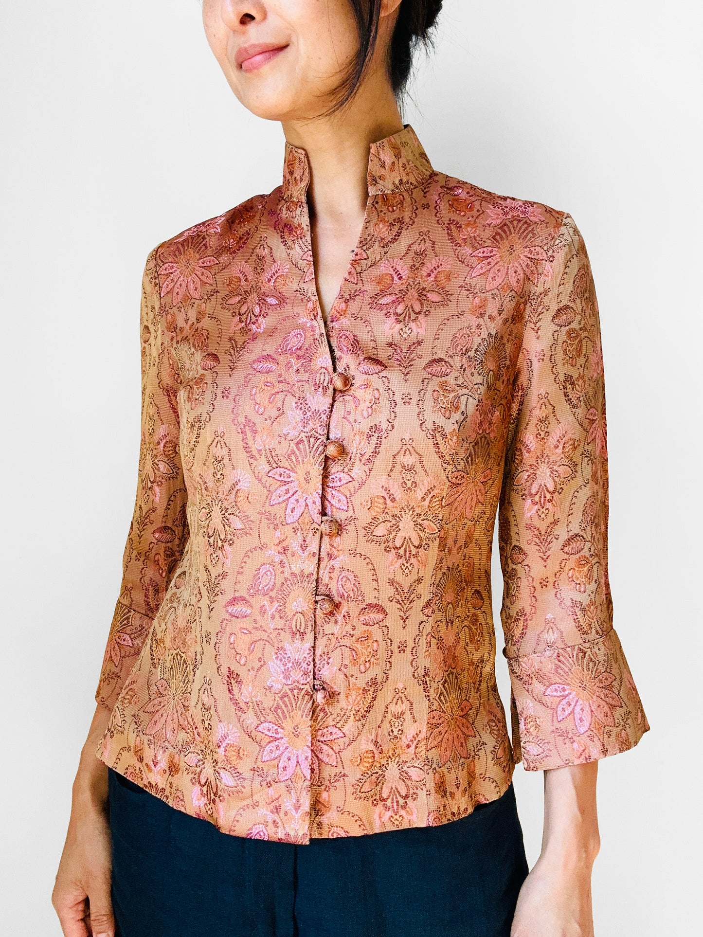 1990s Fitted Button Front European Silk Brocade Top- Sz. XS/S